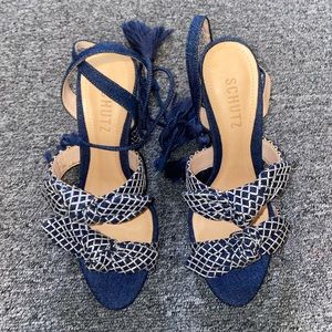 New Schutz Leyrieli Denim Lace Up Sandals Size 37